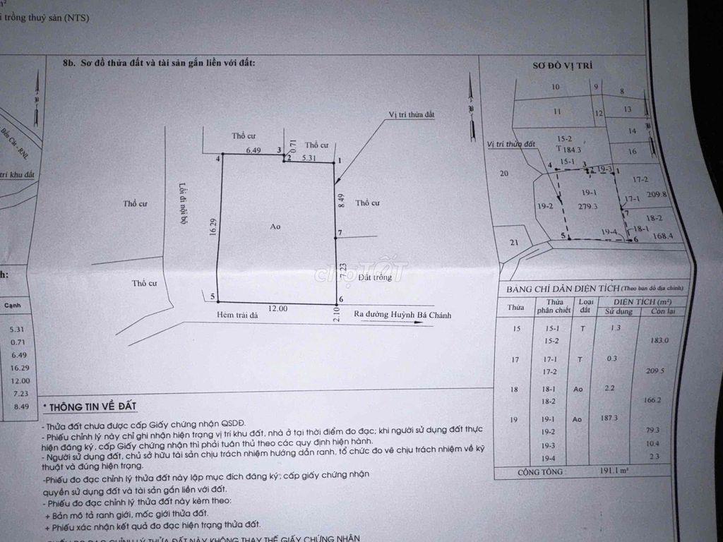 CẦN BÁN AO 192M² CHỈ 1,5 TỶ KDC HIỆN HỮU