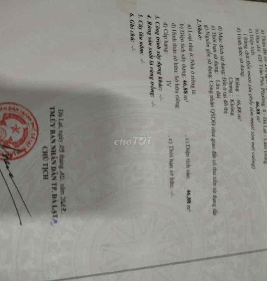 Bán Nhà 42F Trần Phú , Xuân Hương , Đà Lạt