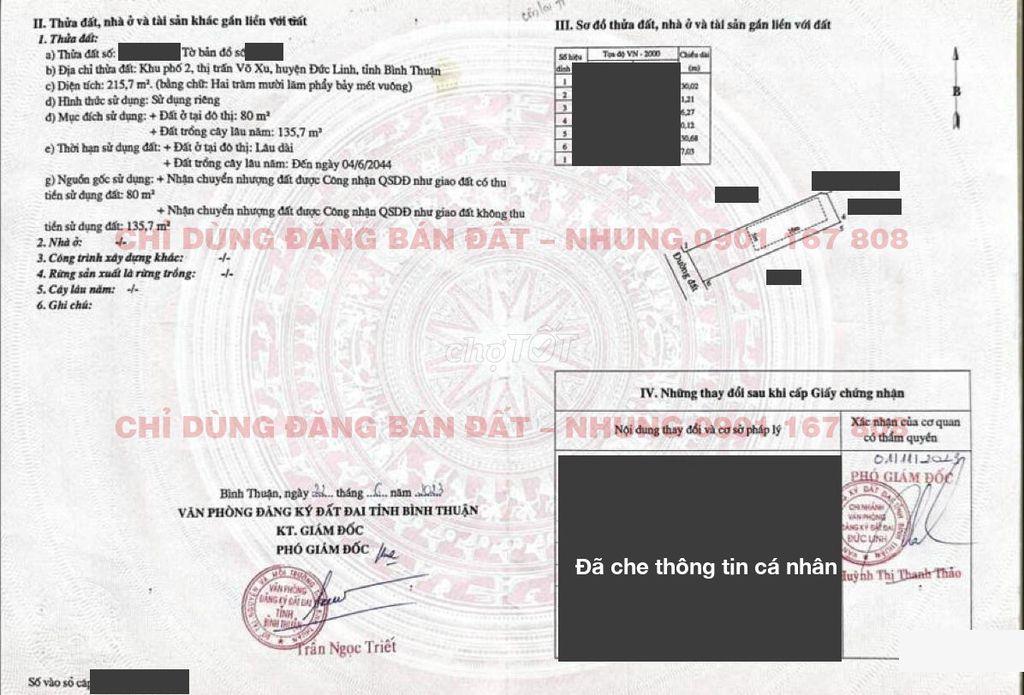 Chính chủ bán 215,7m² đất Võ Xu, 80m² thổ cư, sổ riêng, bao sang tên