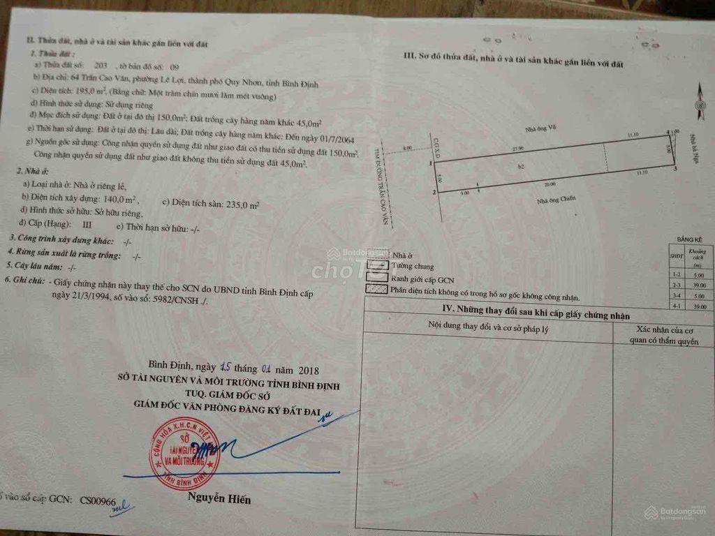 Bán Nhà 64 Trần Cao Vân, TP.Quy Nhơn, Tỉnh Bình Định cũ
