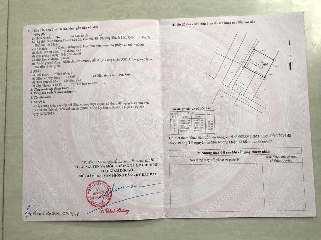 🔥 BÁN NHÀ CẤP 4 ĐẦU TƯ – 247,6M² THẠNH LỘC, Q.12 🔥