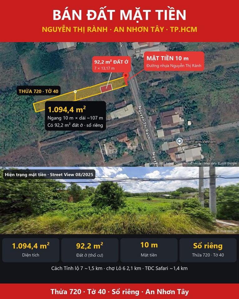 Bán đất mặt tiền Nguyễn Thị Rành 10x107m, có 92m² thổ cư, sổ riêng