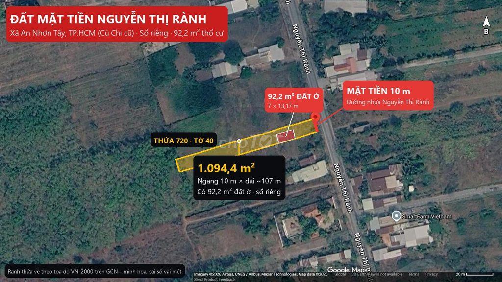 Bán đất mặt tiền Nguyễn Thị Rành 10x107m, có 92m² thổ cư, sổ riêng