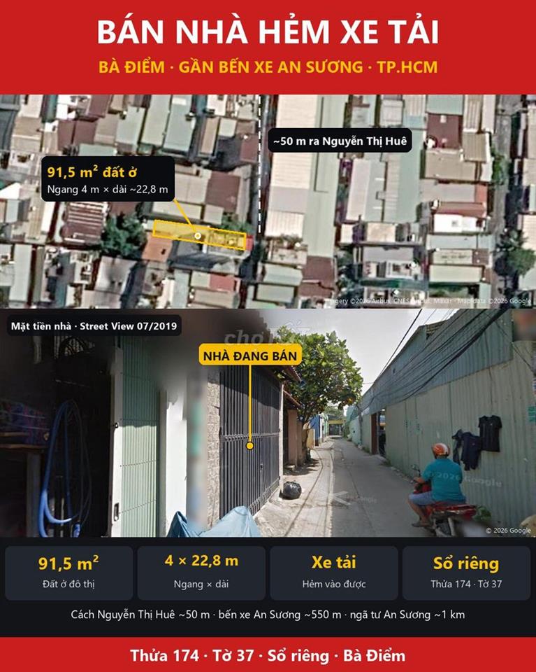 Bán nhà hẻm xe tải Bà Điểm 91,5m² đất ở, sổ riêng, gần bến xe An Sương