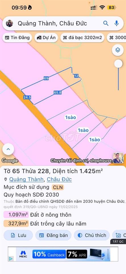47.5 m mặt tiền đường nhựa 6m đã phân 2 lô 25m, 22,5m