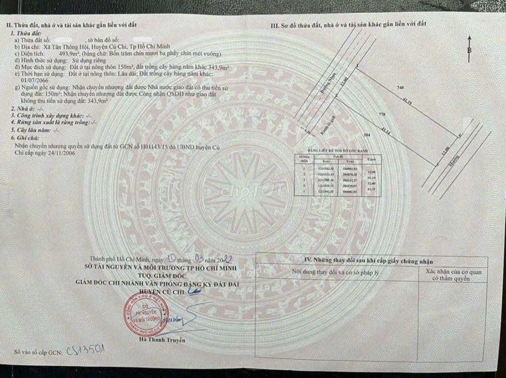 CHỦ CẦN TIỀN GẤP, BÁN RẺ MIẾNG ĐẤT 493M2, TÂN THÔNG HỘI, CỦ CHI