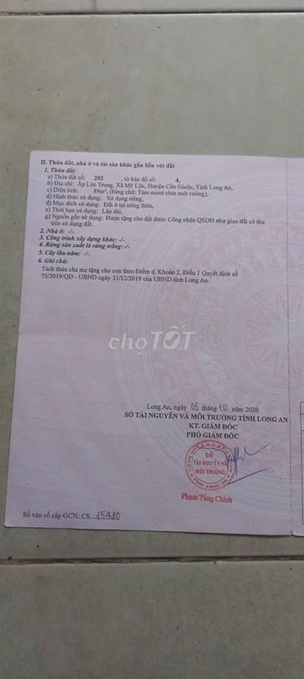 BÁN ĐẤT Ở 89 M² MỸ LỘC – CẦN GIUỘC, NGANG 4 M, ĐƯỜNG BÊ TÔNG