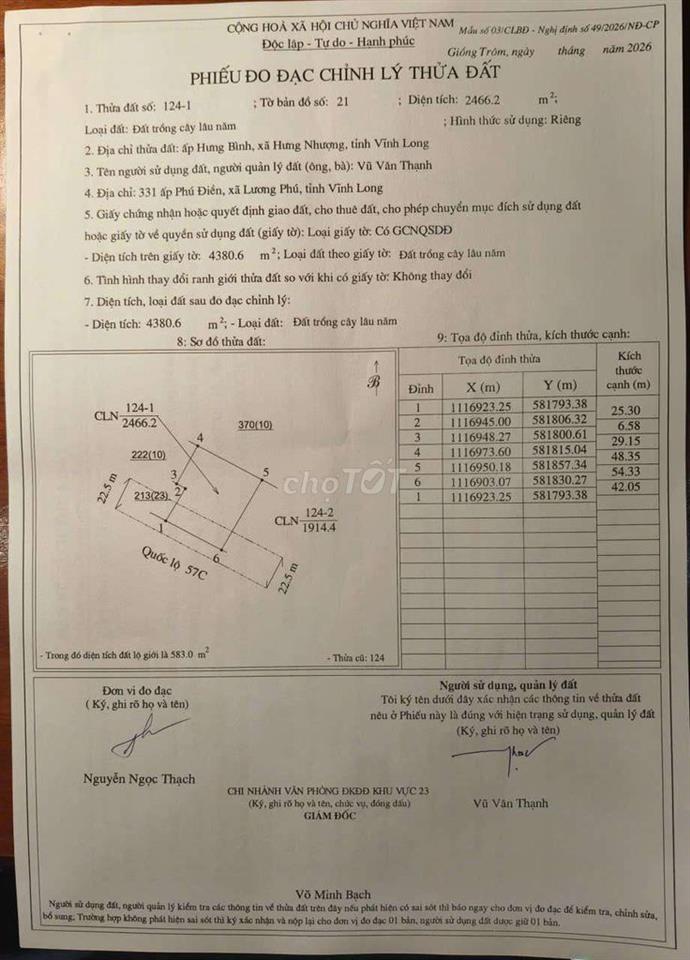 BÁN GẤP ĐẤT MẶT TIỀN 42m QL57C Hưng Nhượng, Giồng Trôm, Bến Tre