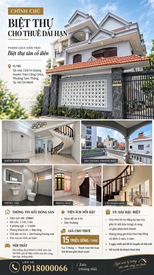 Cho thuê Biệt thự 1 trệt, 2 lầu