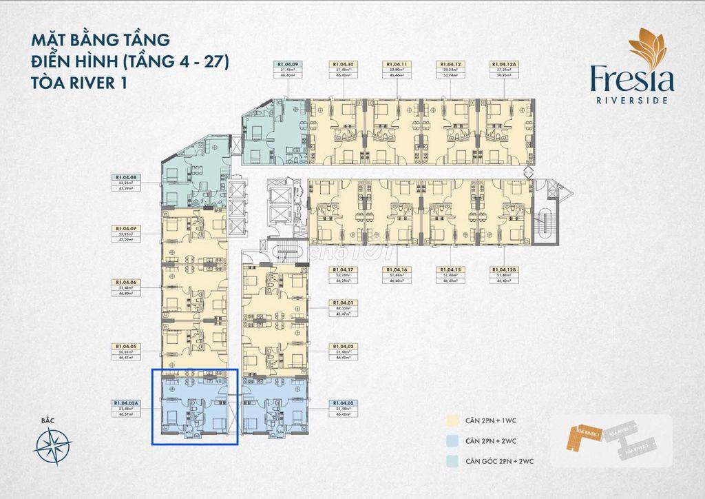 Chung cư Fresia Riverside Biên Hòa Lô Góc 2PN-2WC DT 53,3m2 giá 1 TỶ