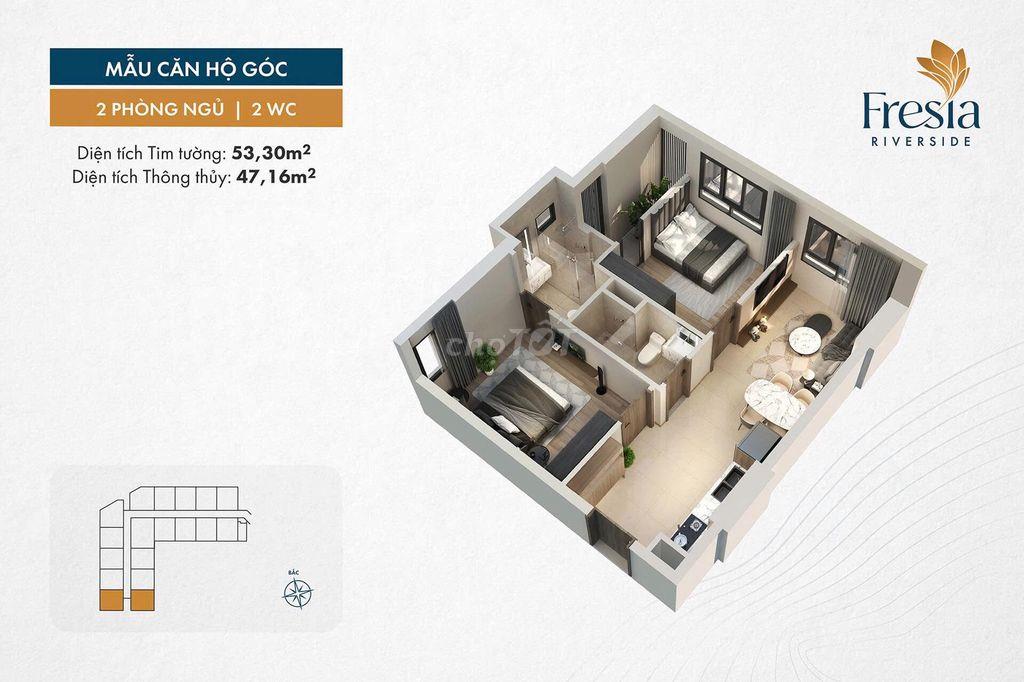 Chung cư Fresia Riverside Biên Hòa Lô Góc 2PN-2WC DT 53,3m2 giá 1 TỶ