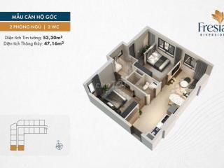 Chung cư Fresia Riverside Biên Hòa Lô Góc 2PN-2WC DT 53,3m2 giá 1 TỶ