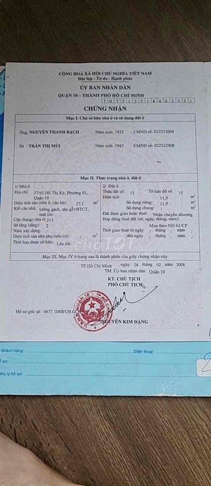 NHÀ NÁT HỒ THỊ KỶ Q.10 DTSD 27,1M2 3T550 CHỢ HỒ THỊ KỶ,CÓ SỔ HẺM THÔNG