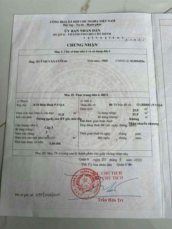 Cần bán nhà nguyên căn quận 6