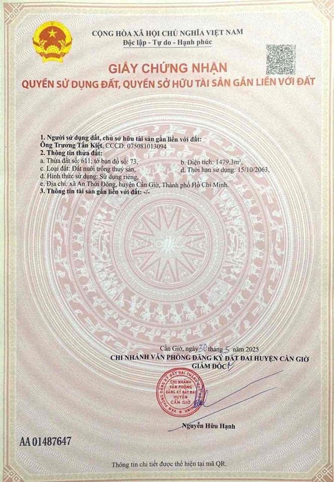 chính chủ cần bán lô đất góc mặt tiền đường ô tô ở xã An Thới đông hcm