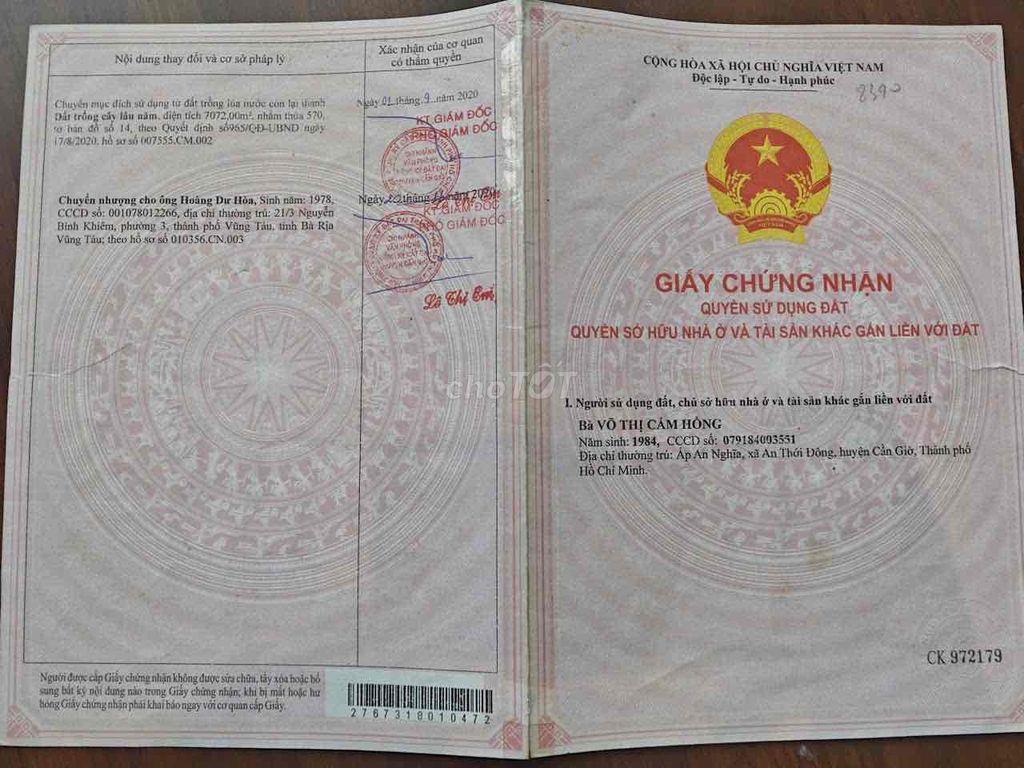 cần bán lô đất dt 7072m2 ở xã An Thới đông, cần giờ, tphcm giá 5,2 tỷ