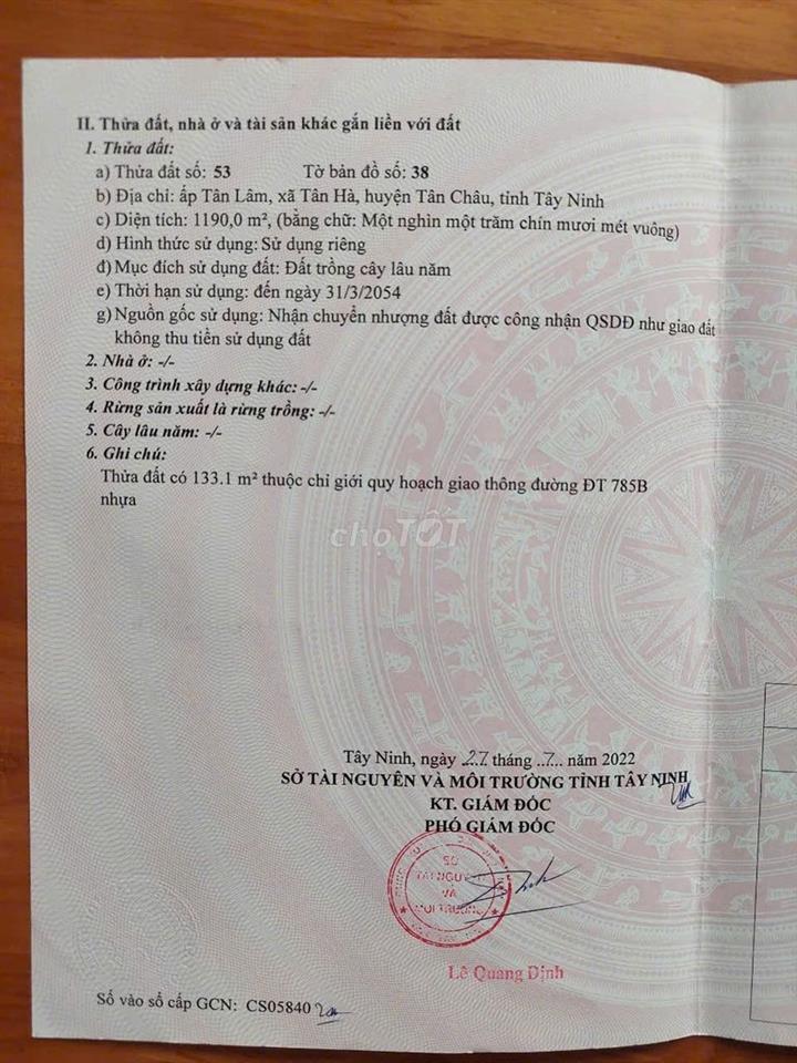 BÁN ĐẤT MẶT TIỀN ĐT785B – TÂN CHÂU, TÂY NINH