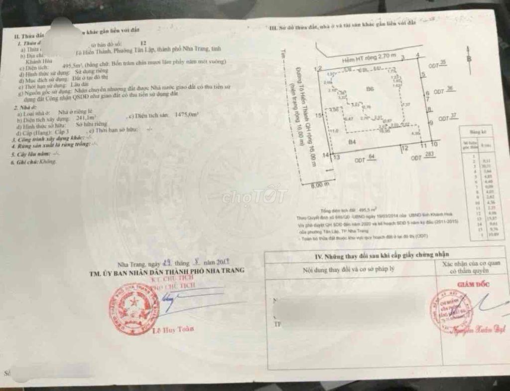 BÁN LÔ ĐẤT SIÊU VIP 495.5M2 GÓC 2 MẶT TIỀN ĐƯỜNG TÔ HIẾN THÀNH