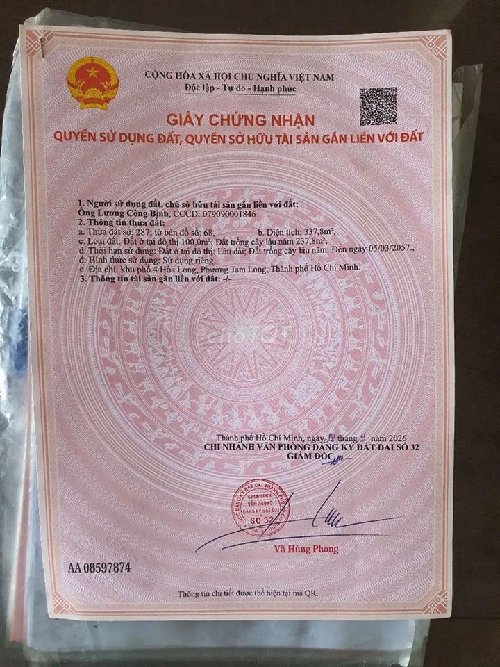 Bán 338m2 đất thổ cư shr trung tâm tp Bà Rịa,nay phường Tam Long tphcm