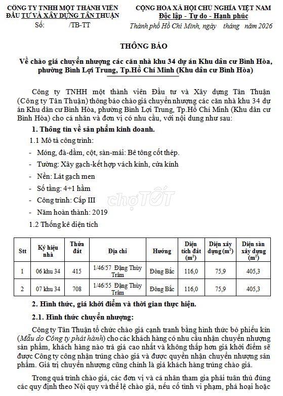 Chuyển nhượng căn khu 34 Khu dân cư Bình Hòa, P. Bình Lợi Trung, HCM