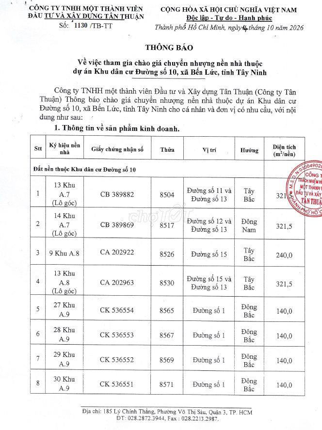 Chuyển nhượng nền nhà Khu dân cư Đường số 10, Bến Lức, Tây Ninh