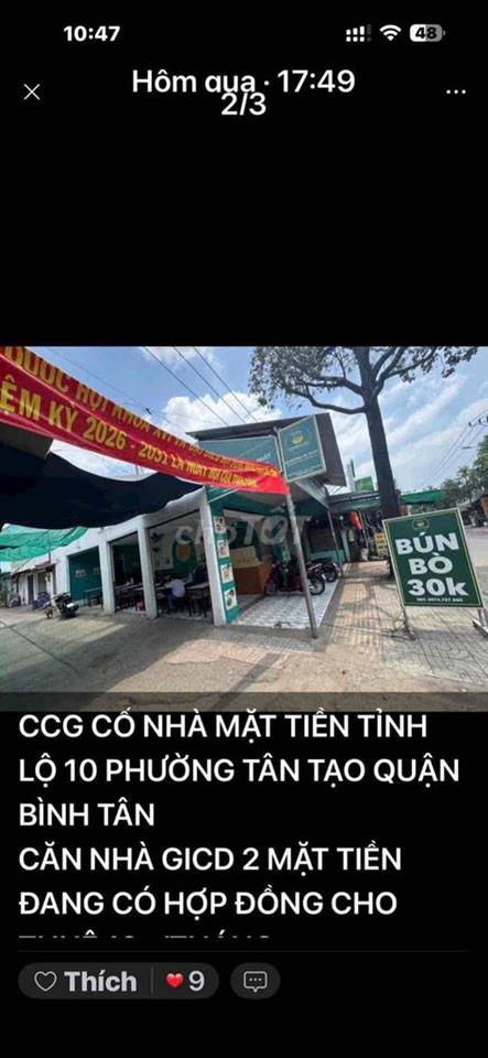 Nhà cố 600 triệu mặt tiền góc  dt ngang 6m dài 20m tinh lộ 10 bình Tân