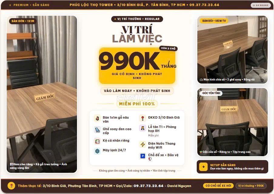Cho Thuê Chỗ Ngồi Làm Việc 990K/tháng-Trọn Gói-Miễn Phí Địa Chỉ ĐKKD