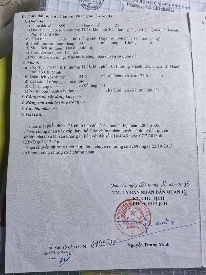 cần bán nhà chính chủ, thổ cư 100% Thạnh Lộc, Q12