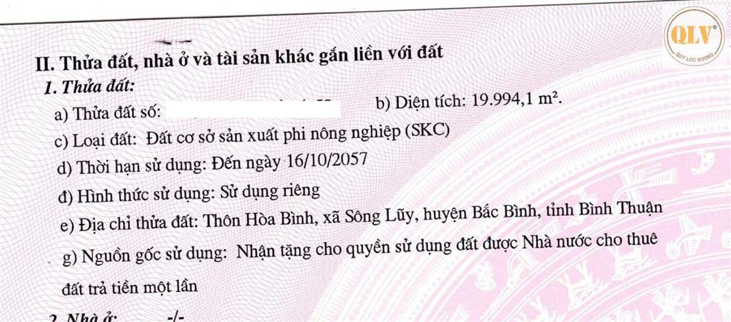 Bán đất công nghiệp sông lũy, bắc bình, bình thuận 19.994m²