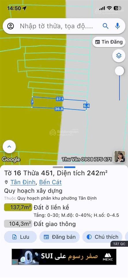 Bán đất mặt tiền quốc lộ 13. p. tân định. bến cát, này p. hoà lợi. dt 257m2 (7x38) thổ cư 50m2.