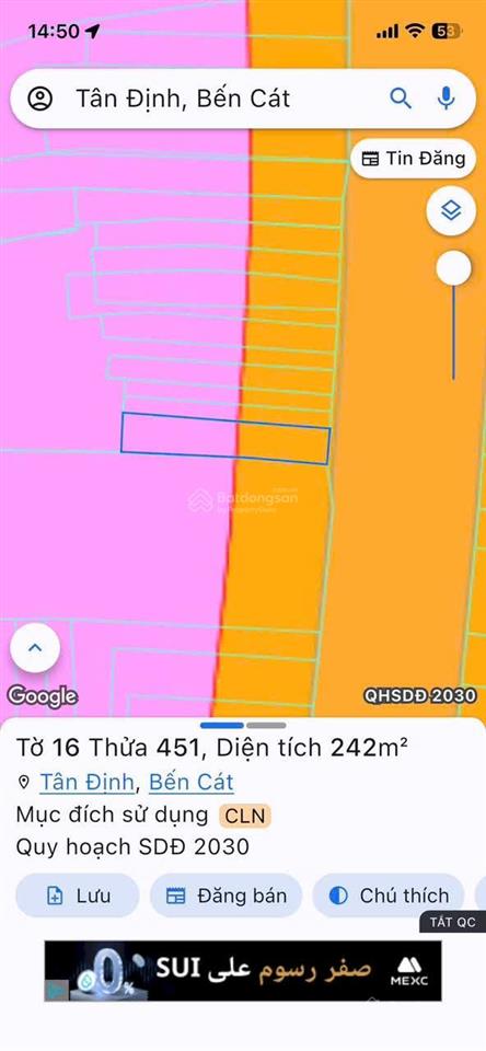 Bán đất mặt tiền quốc lộ 13. p. tân định. bến cát, này p. hoà lợi. dt 257m2 (7x38) thổ cư 50m2.