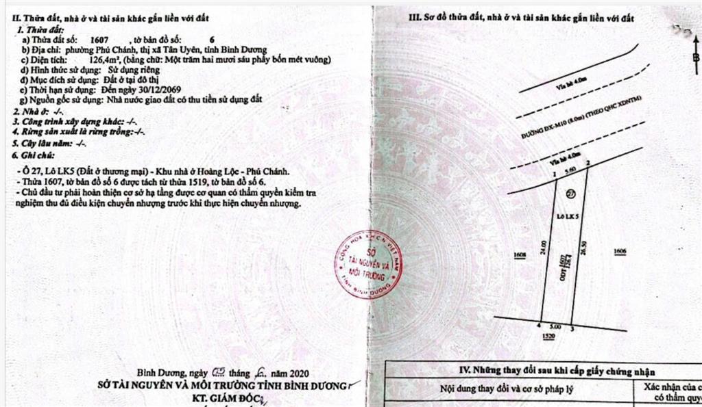 Bán đất thuộc khu nhà ở hoàng lộc  p. phú chánh. nay thuộc p. bình dương. tp. hcm. dt 126m2(5x26)