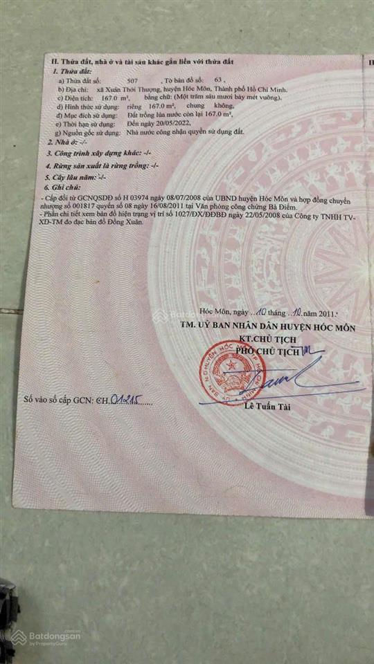 Bán đất 5x33m, mặt tiền xuân thới thượng 4, giá 2 tỷ 50 tr