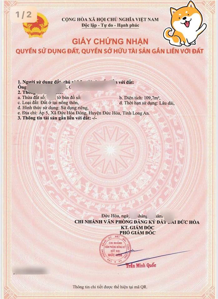 680 triệu công chứng sang tên ngay (5x24m) 109.7 m2 đất thổ cư đức hòa.