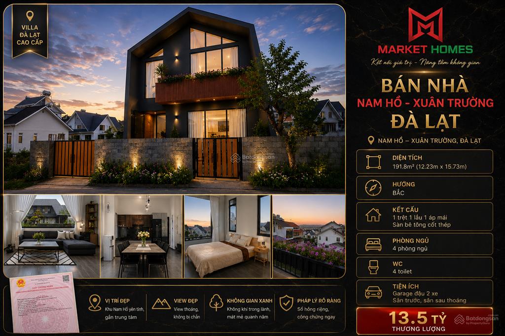 Bán nhà villa nam hồ 1 trệt 1 lầu áp mái  xuân trường  đà lạt 191m² ngang 12.23m giá 13,5 tỷ