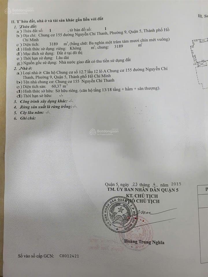 Bán căn hộ góc cc 155 nguyễn chí thanh giá 4,5 tỷ