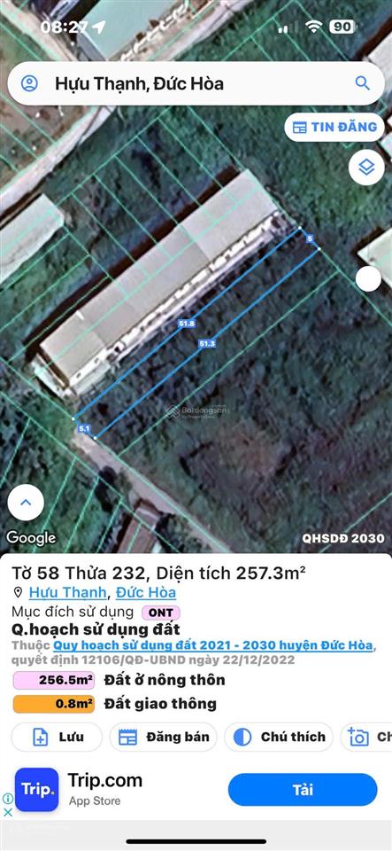 Đất 5x50m cặp dãy nhà trọ đối diện khu tân đức