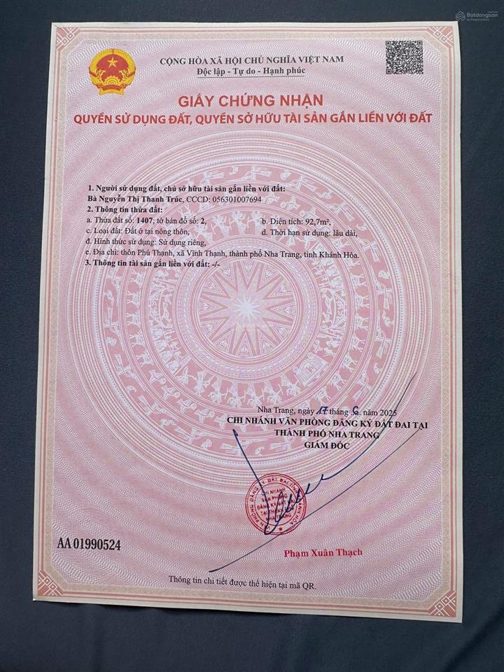 Cần bán lô đất đẹp mặt tiền đường nhà nghĩa, vĩnh thạnh, tây nha trang