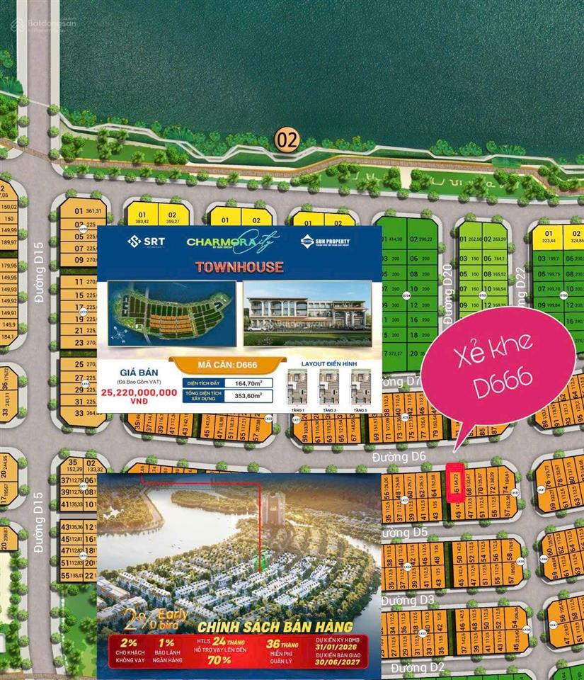 Căn lk xẻ khe 3 tầng tam lộc d666 trục đường d6 rộng 20m charmora city  sun nha trang giá cđt