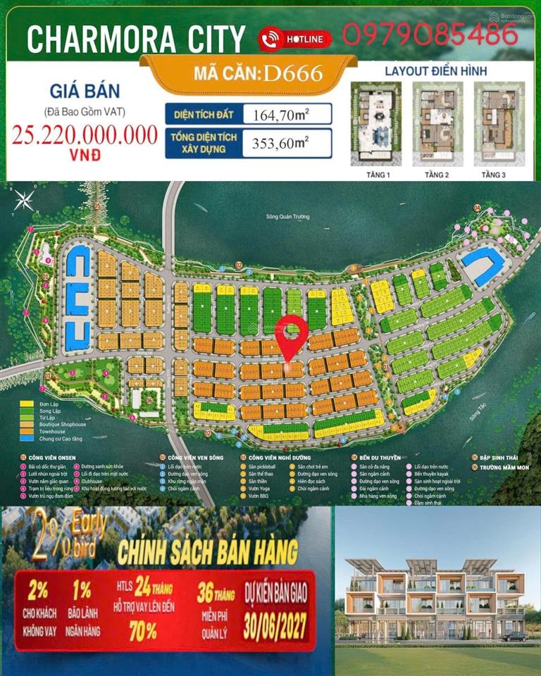Căn lk xẻ khe 3 tầng tam lộc d666 trục đường d6 rộng 20m charmora city  sun nha trang giá cđt