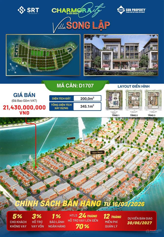 Villa song lập cách công viên ben sông quán trường 50m chỉ 20,8 tỷ tại charmora city  sun nha tran