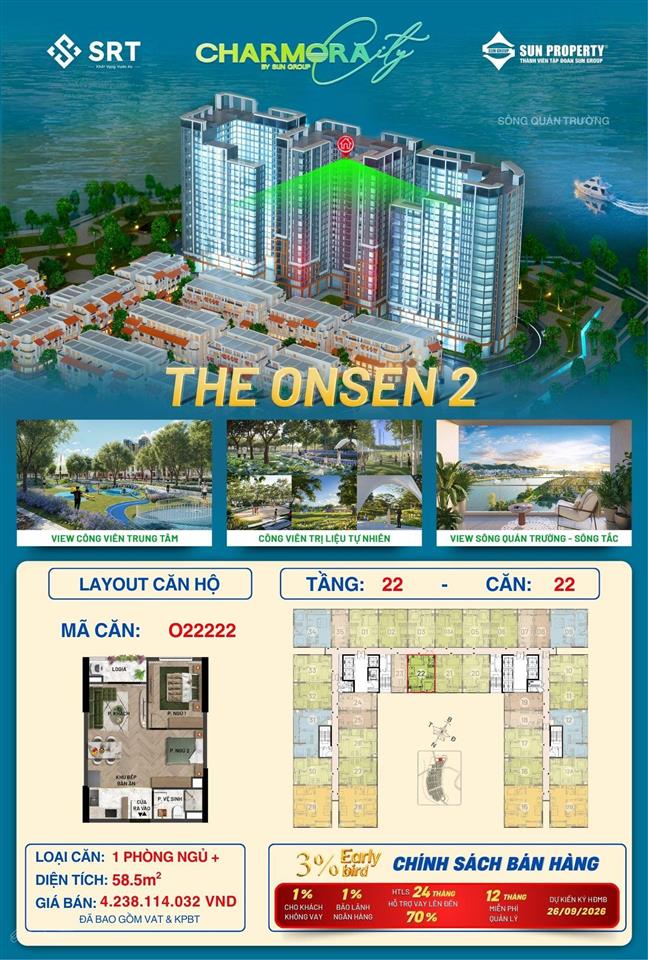Căn 1pn + tầng 22 mã căn o22222 toà the onsen 2  charmora city sun nha trang giá gốc cđt sun grou