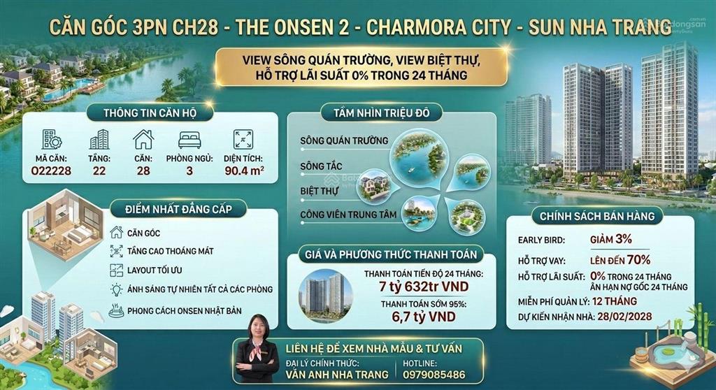 Căn góc 3pn ch28  90m2 view sông, view biệt thự the onsen 2  charmora city nha trang chỉ 7,7 tỷ