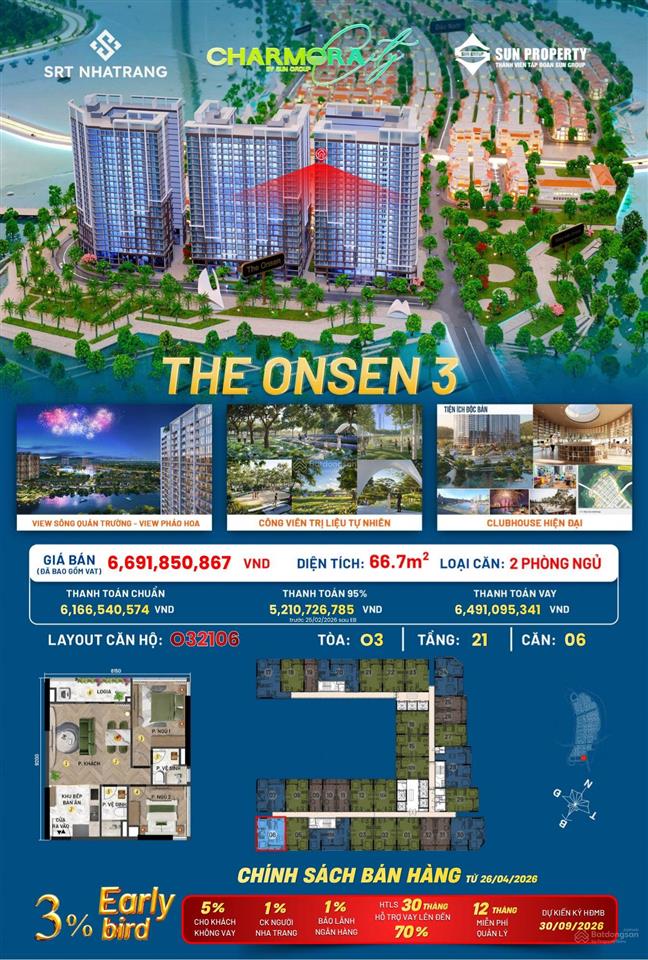 Căn hoa hậu view quảng trường  pháo hoa toà the onsen 3 charmora city nha trang