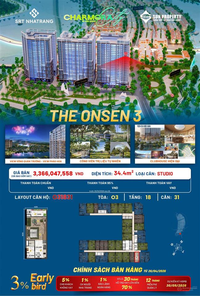 Căn studio view sông  quảng trường  view pháo hoa  onsen 3  charmora city nha trang