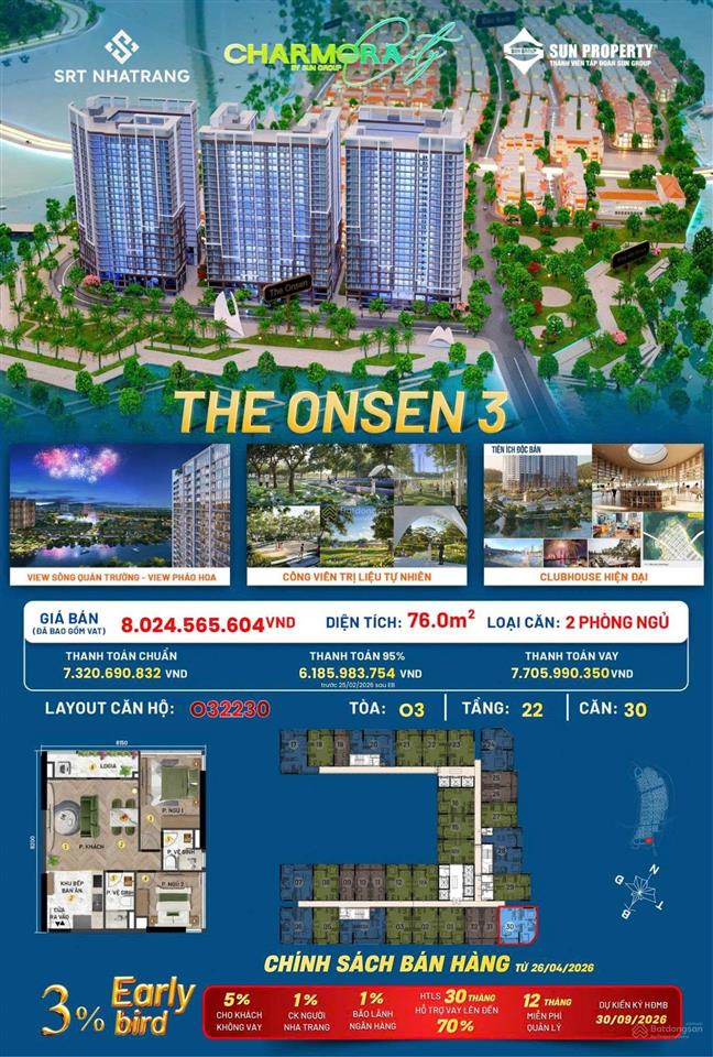 Căn góc 3 mặt thoáng view sông view pháo hoa đẹp nhất toà the onsen 3 charmora city giá cđt