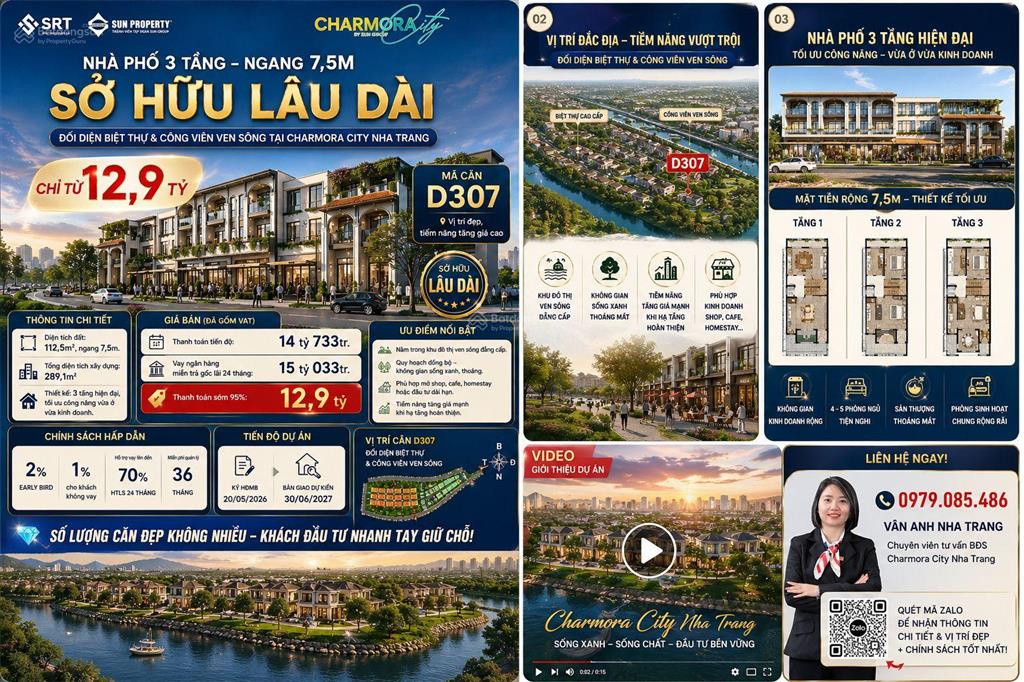 Nhà phố 3 tầng, ngang 7,5m, sở hữu lâu dài đối diện biệt thự và công viên ven sông tại charmora cit