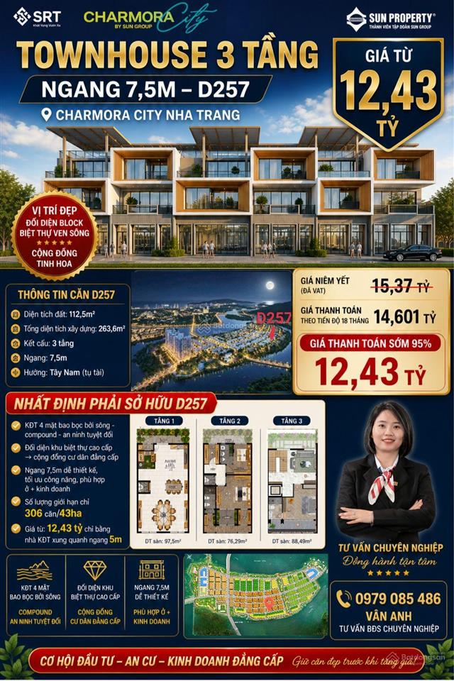 Sở hữu ngay townhouse 3 tầng, ngang 7,5m  d257 tại charmora city nha trang giá chỉ từ 12 tỷ 431tr