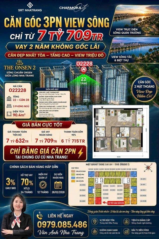 Sở hữu căn góc 3pn 90m2 view sông, view biệt thự the onsen 2  charmora city nha trang chỉ 7tỷ632tr