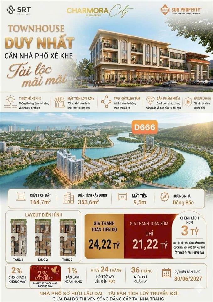 Căn nhà phố xẻ khe ngang 9,5m mặt tiền đường d6 rộng 20m charmora city nha trang giá cđt